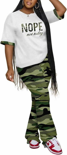 PINSV Women 2 Piece Outfits Short Sleeve Top and Flare Pants Lounge Sets Tracksuit