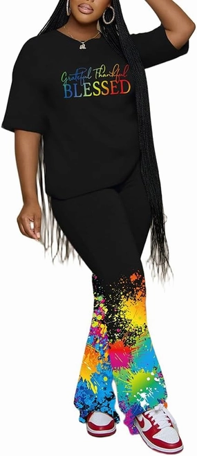 PINSV Women 2 Piece Outfits Short Sleeve Top and Flare Pants Lounge Sets Tracksuit
