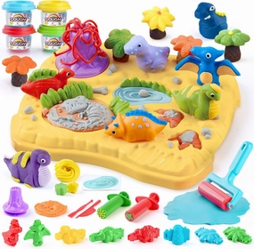 PLAY Dinosaur Color Dough Sets with Land Base, Modeling Clay Tools Accessories with Volcano, Noodles, Tree and Dinosaur Fossils Molds, 2 oz Cans Dough/4 Total