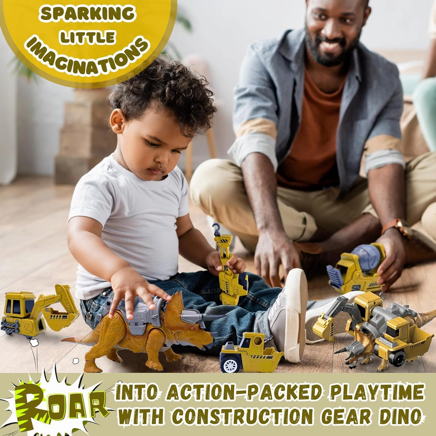 PlenPLAY T-Rex & Triceratops Dinosaur Toys - Construction Set with Light & Sounds, Ages 3 