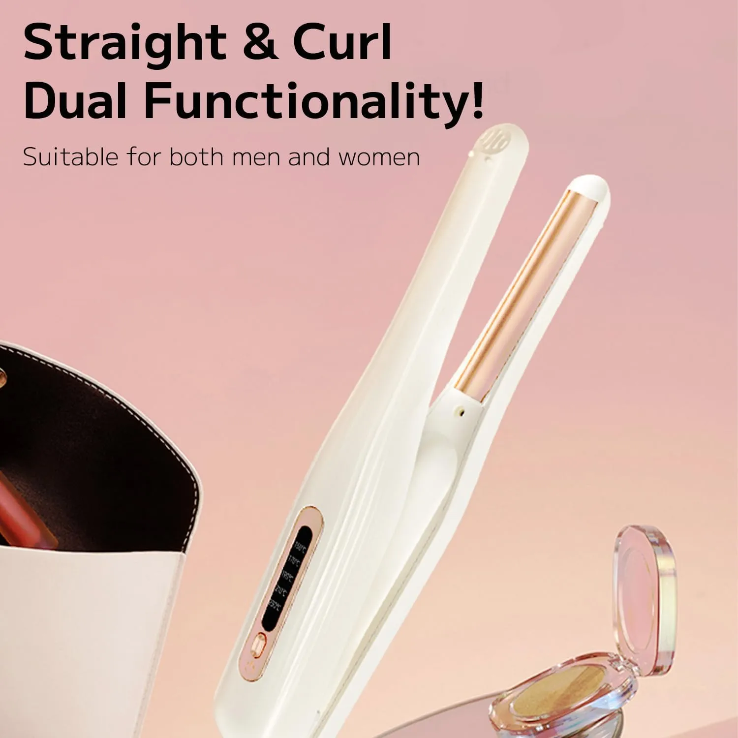 PLUZZ 2-in-1 Wireless Hair Straightening & Curling Iron, Ultra-Light 2 Way Cordless Styler with 200M Negative Ions, Ceramic Arched Plates for Smooth Straight/Curl/Waves, 5 Heat Settings, Women&Men