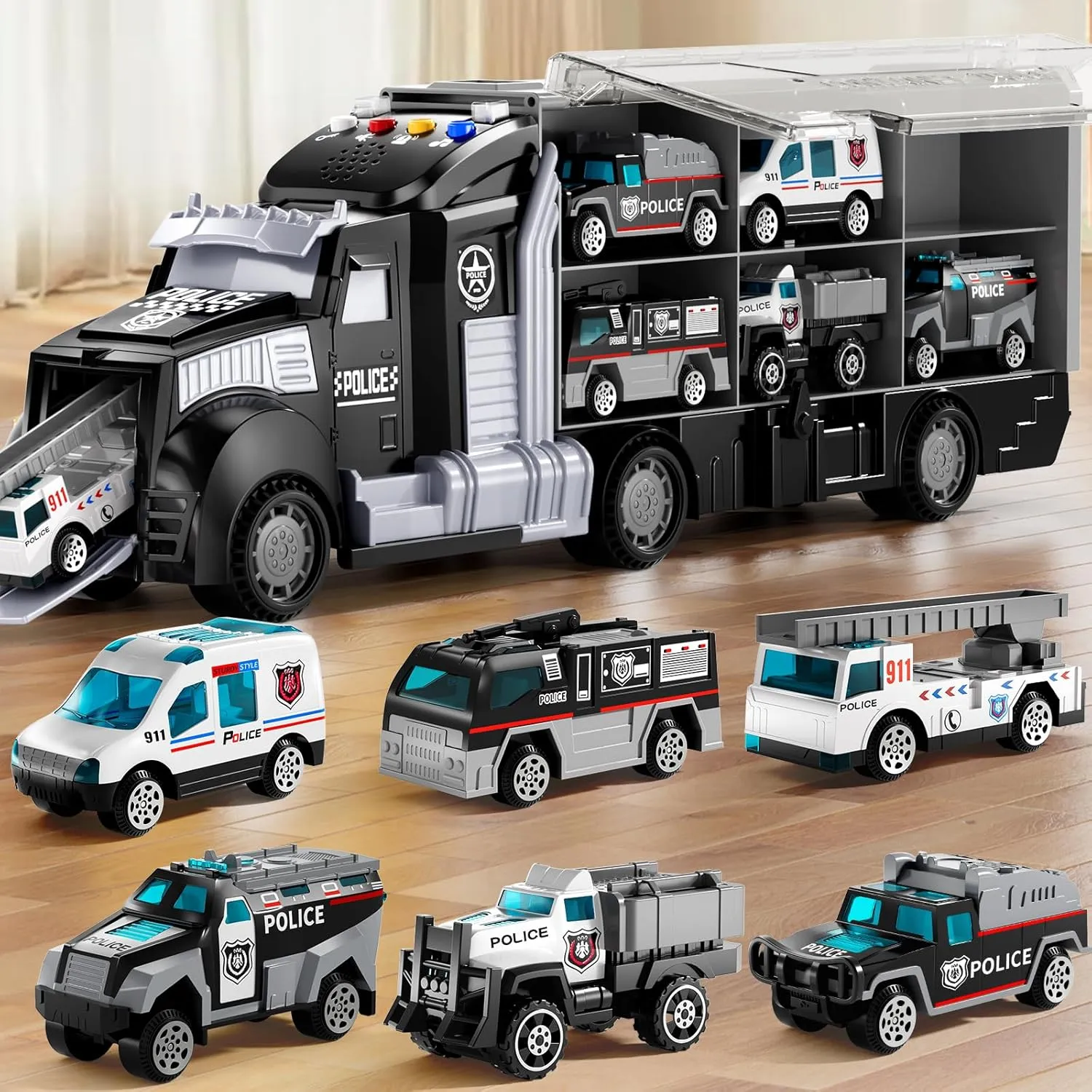 Police Trucks Toy Set with Play Mat, Carrier Truck Play Vehicles Set for 3 4 5 6 Years Old Boys Kids, Die-Cast Car Toy for Toddlers 3-4 Years, Birthday Gifts Toys for 3-9 Year Old Boys