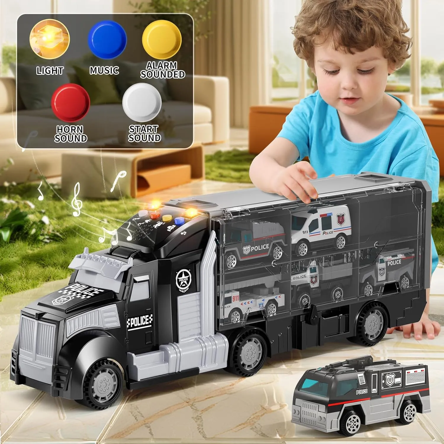 Police Trucks Toy Set with Play Mat, Carrier Truck Play Vehicles Set for 3 4 5 6 Years Old Boys Kids, Die-Cast Car Toy for Toddlers 3-4 Years, Birthday Gifts Toys for 3-9 Year Old Boys