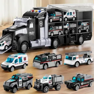 Police Trucks Toy Set with Play Mat, Carrier Truck Play Vehicles Set for 3 4 5 6 Years Old Boys Kids, Die-Cast Car Toy for Toddlers 3-4 Years, Birthday Gifts Toys for 3-9 Year Old Boys