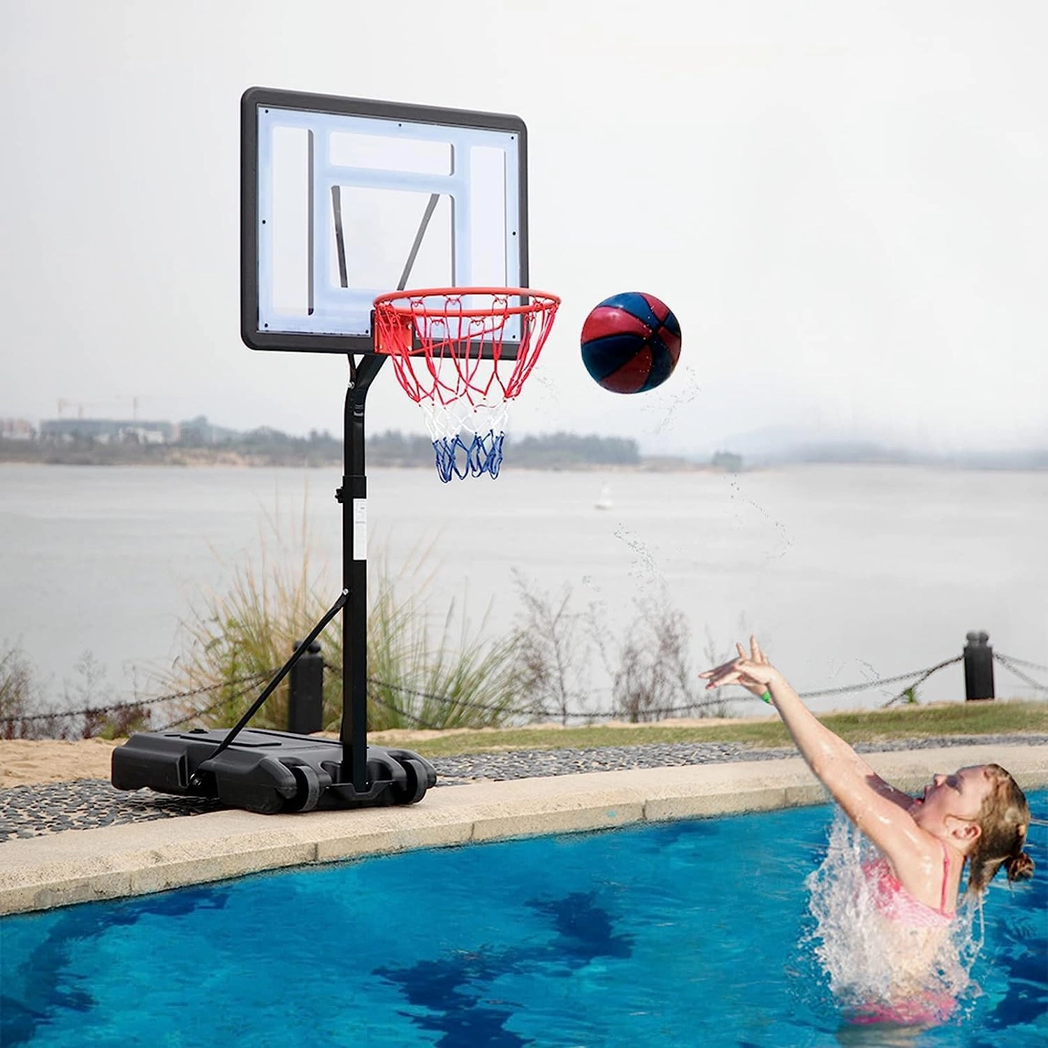 Pool Basketball Hoop Poolside Inground Adjustable Height 45"-53" Swimming Pool Basketball Hoop Set with Removable Wheels and Hard PVC Transparent Backboard (Black)