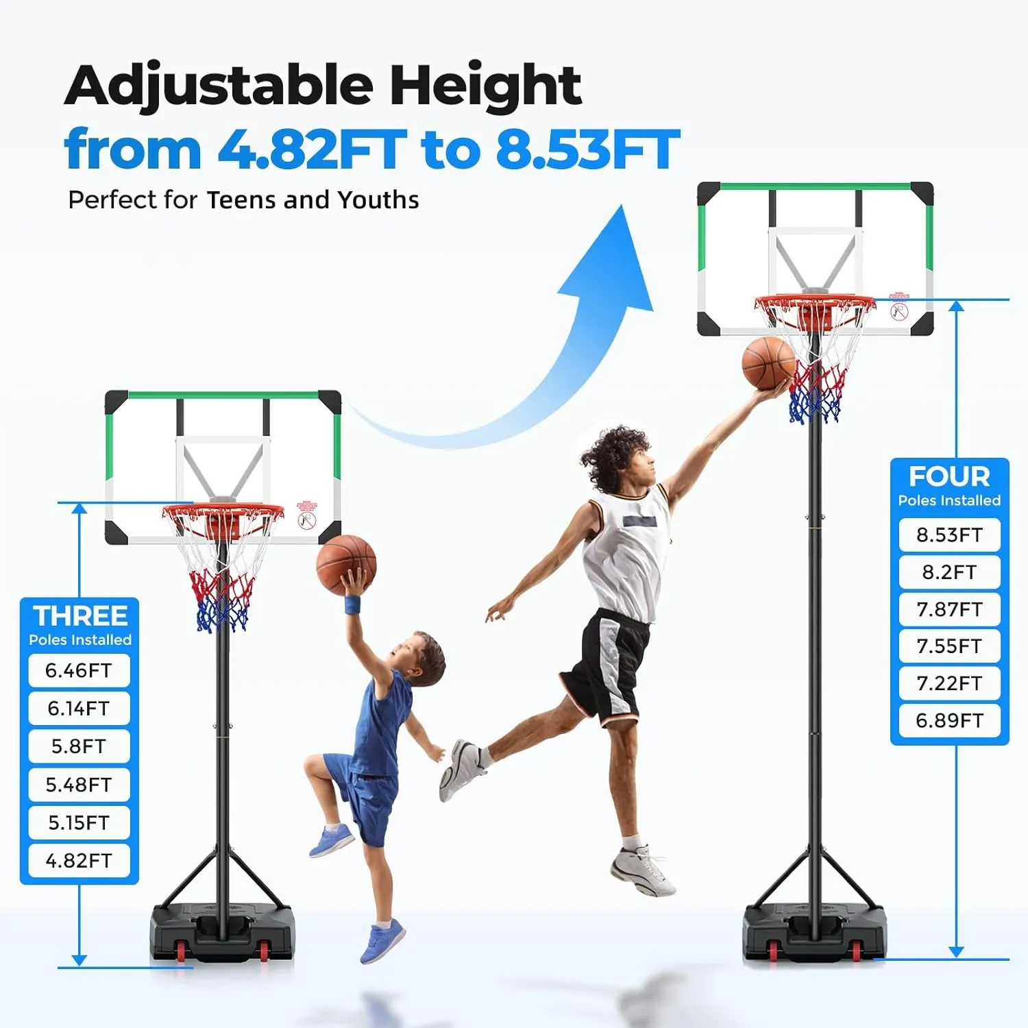 Portable Basketball Hoop & Goals Height Adjustable Basketball Hoop Goal with Backboard, Filable Base and 2 Wheels Pool Basketball Hoop Outdoor for Teenagers/Youth