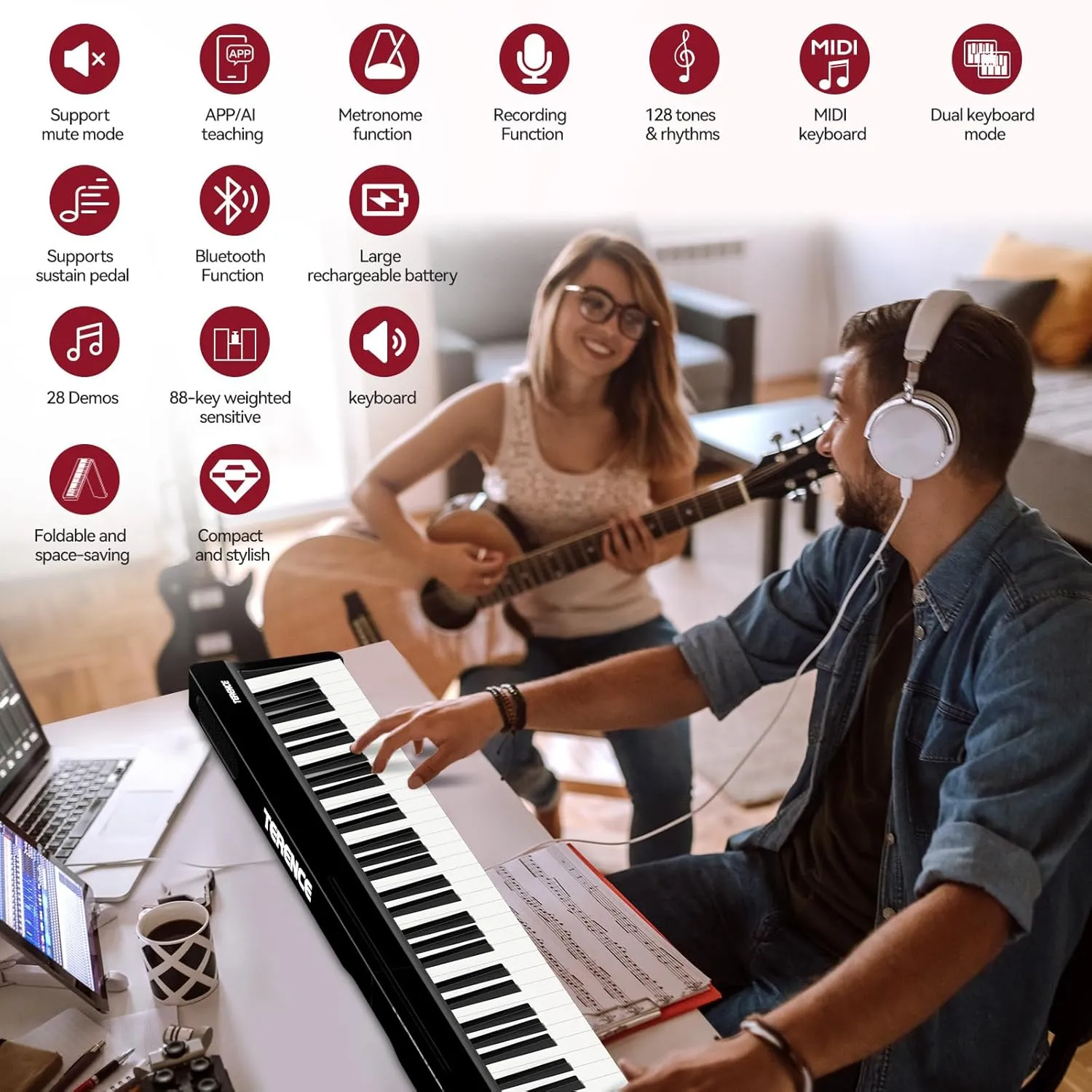 Portable Piano Keyboard Foldable: Portable Keyboard Piano 88 keys Semi-Weighted keyboard with MIDI Bluetooth TERENCE Electric Folding Piano Kit for Adult