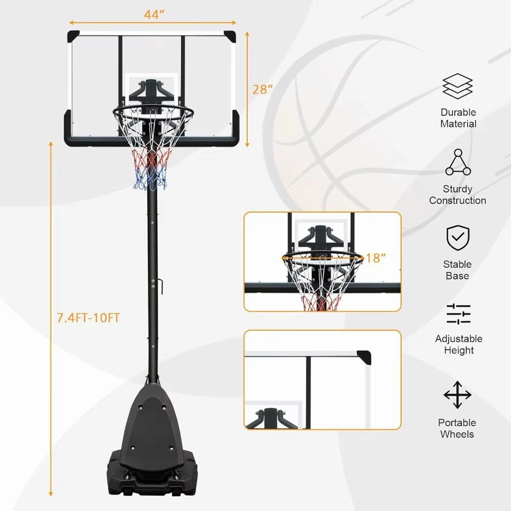 Portable Basketball Hoop Stand Free Basketball System with 28/44Inch Backboard Height Adjustable 7Ft/10Ft for Teenager Adult
