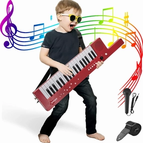 Portable Piano Keyboard 37 keys, Electronic Karaoke Keytar Toys w/Microphone & Carry Strap, 4 Tones, 4 Rhythms, 10 Demo Songs, Rechargeable, Guitar Birthday Gifts for Boys Girls Kid Age 3 , Red