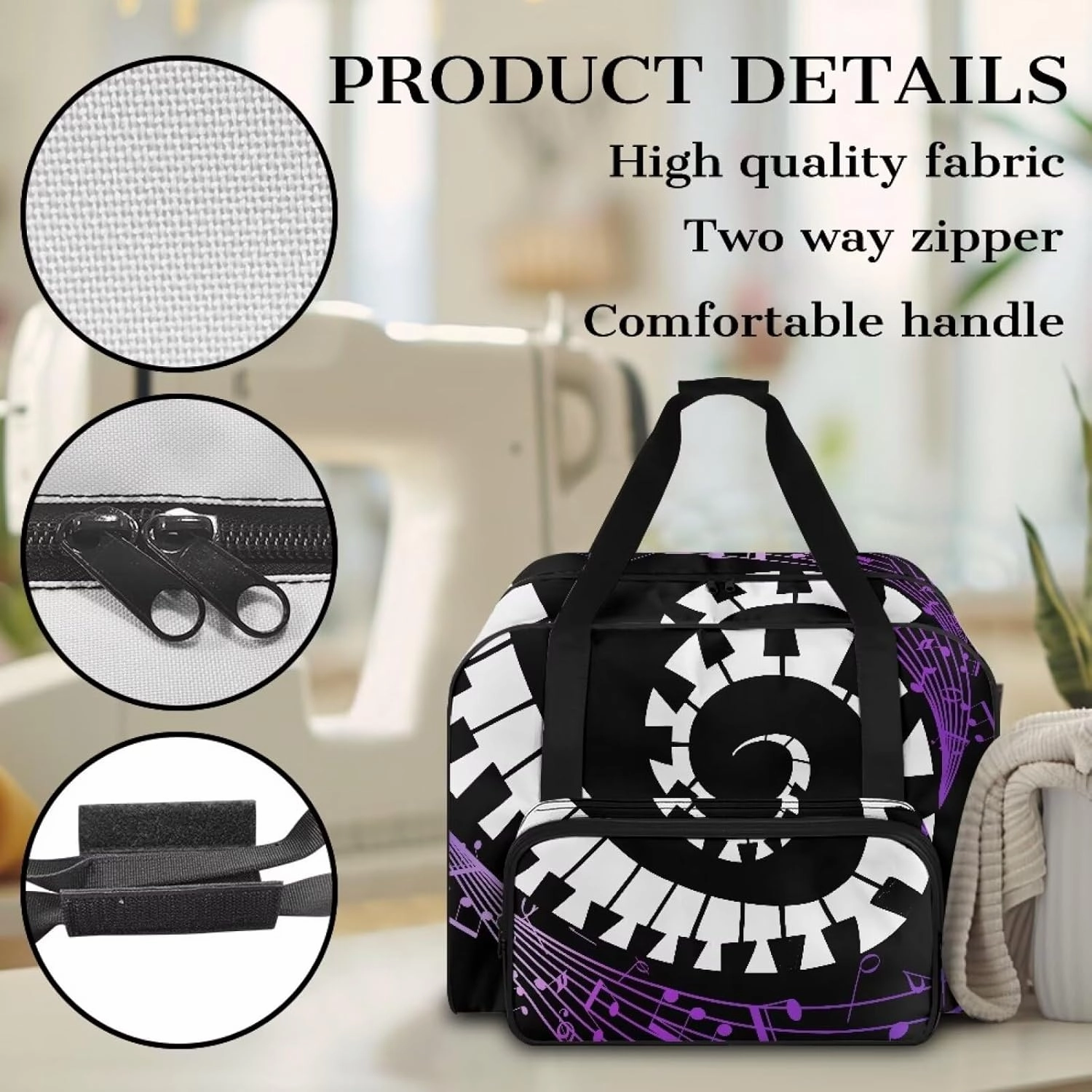 Portable Sewing Machine Storage Case, Piano Musical Notation Print Sewing Machine Bag with Comfortable Handle and Front Pocket Compatible with Most Sewing Machines