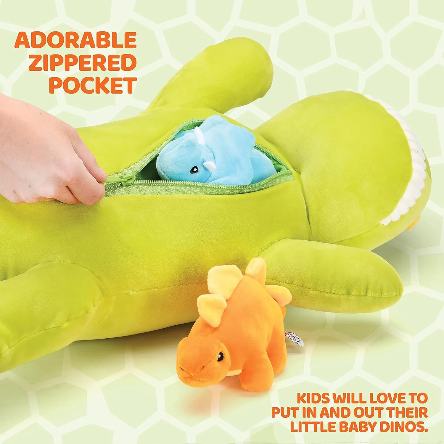 PREXTEX 15-Inch Stegosaurus Stuffed Dinosaur with 3 Baby Plush Toys Inside - Large Zippered Pouch Dinosaur for Boys and Girls, Soft Dinosaur Toys for Kids 3 and Up