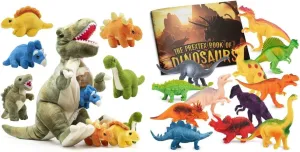 PREXTEX 15" T-Rex Dinosaur Stuffed Animal Set - 4 Plush Toys w/ Zippered Pouch & 12 Figurines & Educational Dinosaur Book for Kids 3 