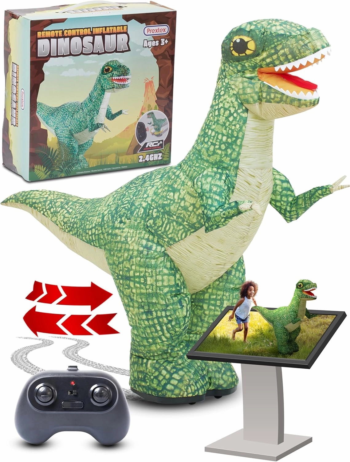 PREXTEX Remote Control Dinosaur - 35.5 Inch Green T-Rex with Roaring Sound - Remote for Forward, Backward, 360 Rotation - Inflates in 20 Seconds - Huge Dinosaur Remote Toy for Kids Ages 3 
