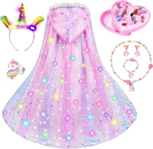 Princess Dress Up for Girls–Light-Up Rainbow Hooded Unicorn Cape with Jewelry & Toys, 31-Piece Gift Set for Ages 3-8, Birthday & Party