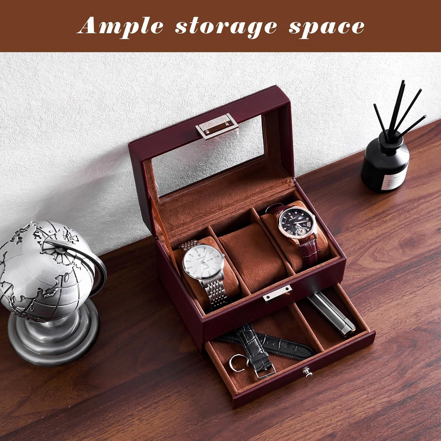 ProCase Men's Watch Box - 3 Slot Display Case with Drawer, Glass Lid, 2-Layer Jewelry & Watch Storage - Espresso