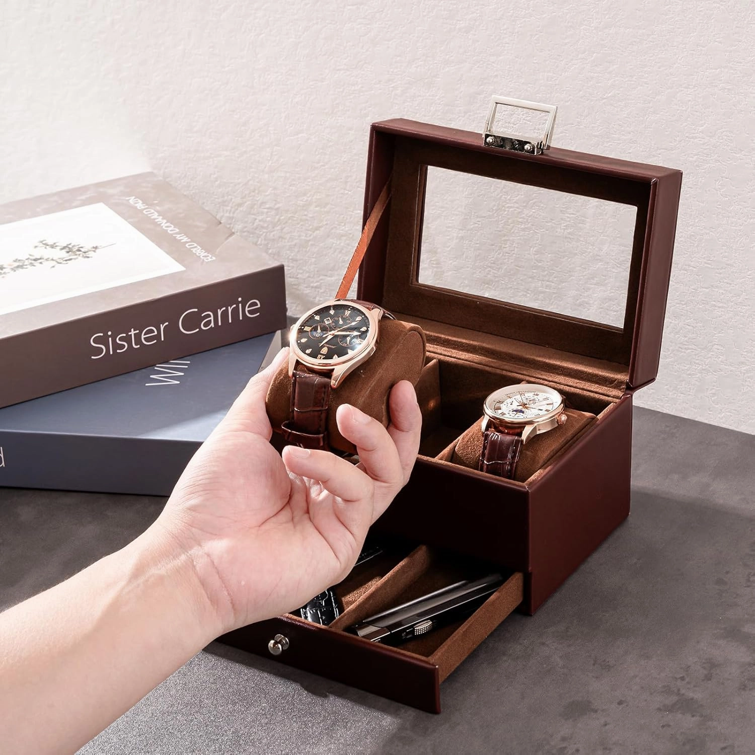 ProCase Men's Watch Box - 3 Slot Display Case with Drawer, Glass Lid, 2-Layer Jewelry & Watch Storage - Espresso