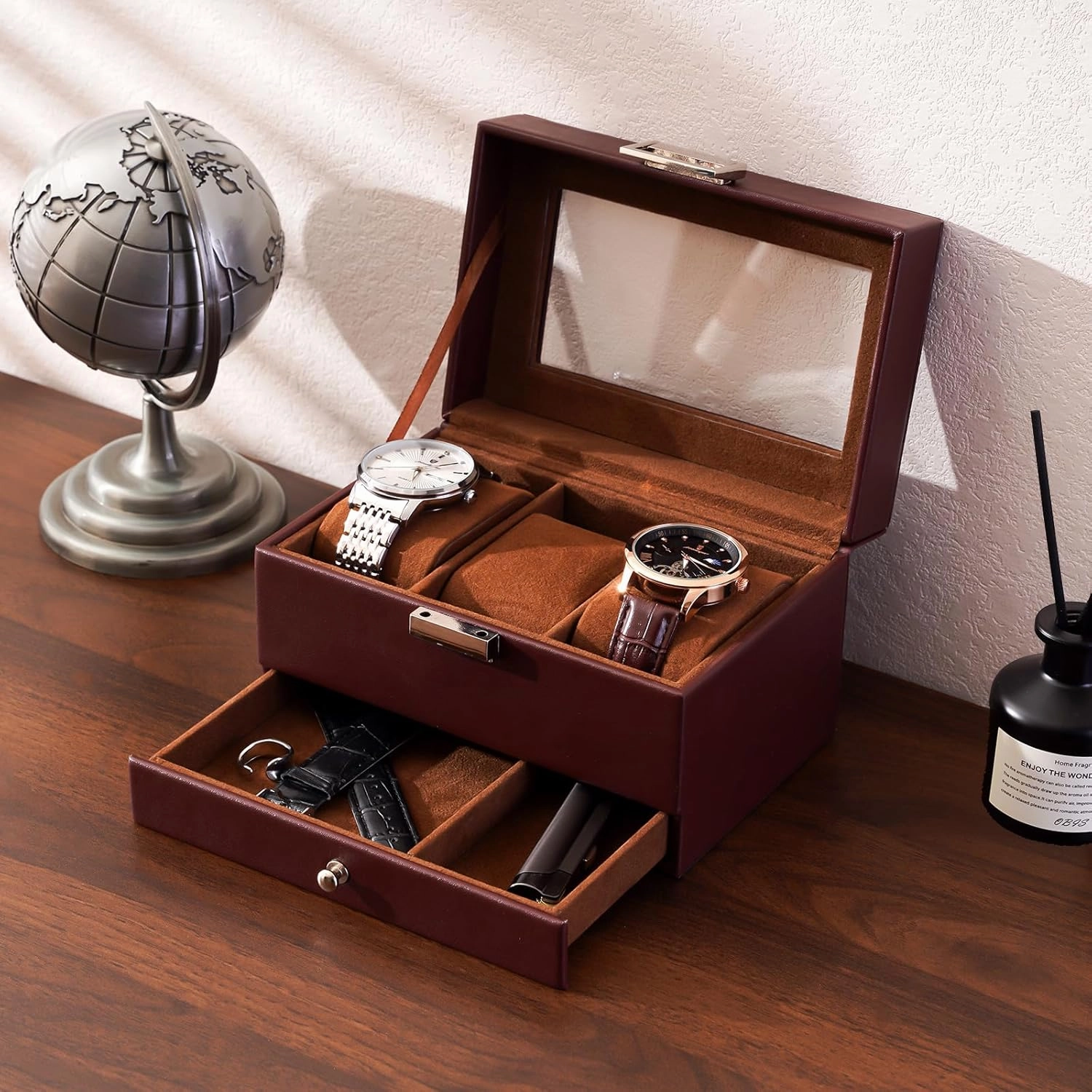 ProCase Men's Watch Box - 3 Slot Display Case with Drawer, Glass Lid, 2-Layer Jewelry & Watch Storage - Espresso
