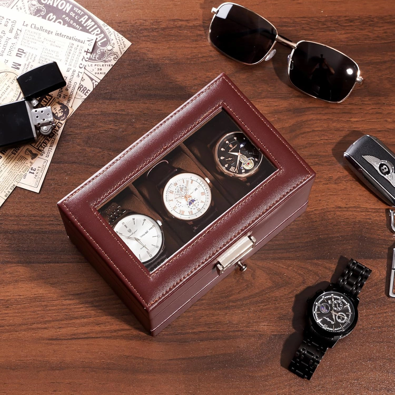 ProCase Men's Watch Box - 3 Slot Display Case with Drawer, Glass Lid, 2-Layer Jewelry & Watch Storage - Espresso
