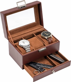 ProCase Men's Watch Box - 3 Slot Display Case with Drawer, Glass Lid, 2-Layer Jewelry & Watch Storage - Espresso