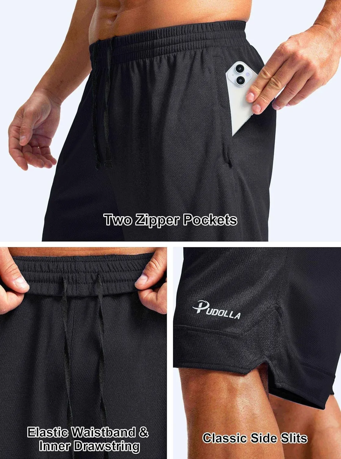 Pudolla Men's Basketball Shorts with Zipper Pockets 11" Long Gym Athletic Shorts for Men Lightweight Quick Dry