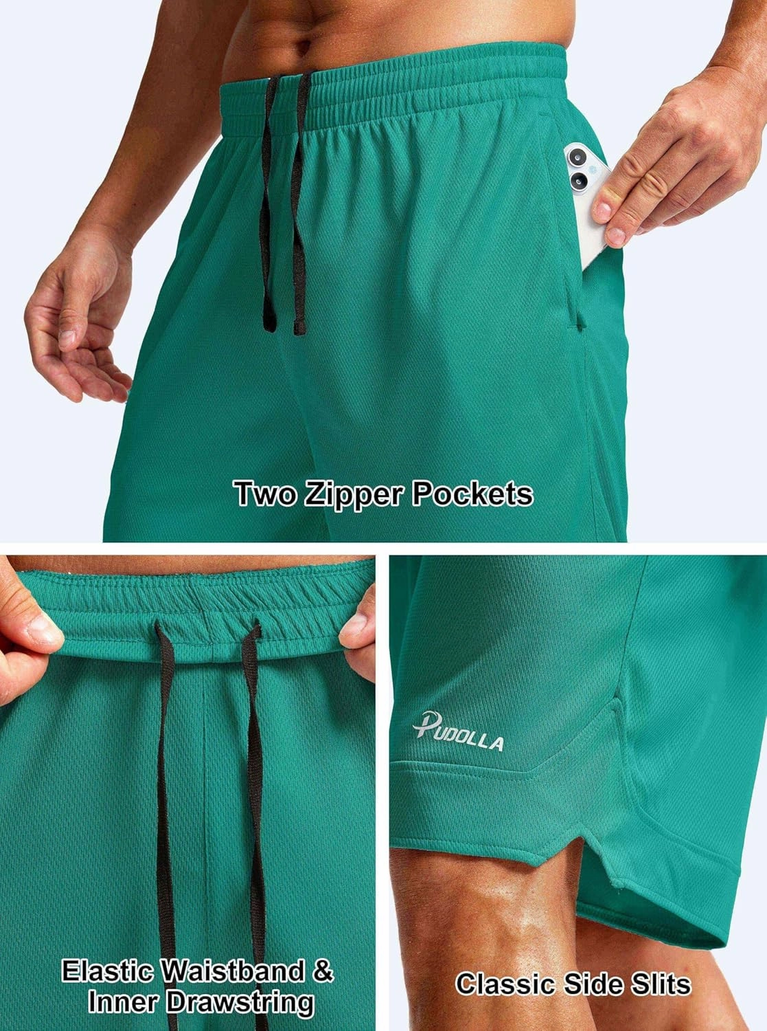 Pudolla Men's Basketball Shorts with Zipper Pockets 11" Long Gym Athletic Shorts for Men Lightweight Quick Dry