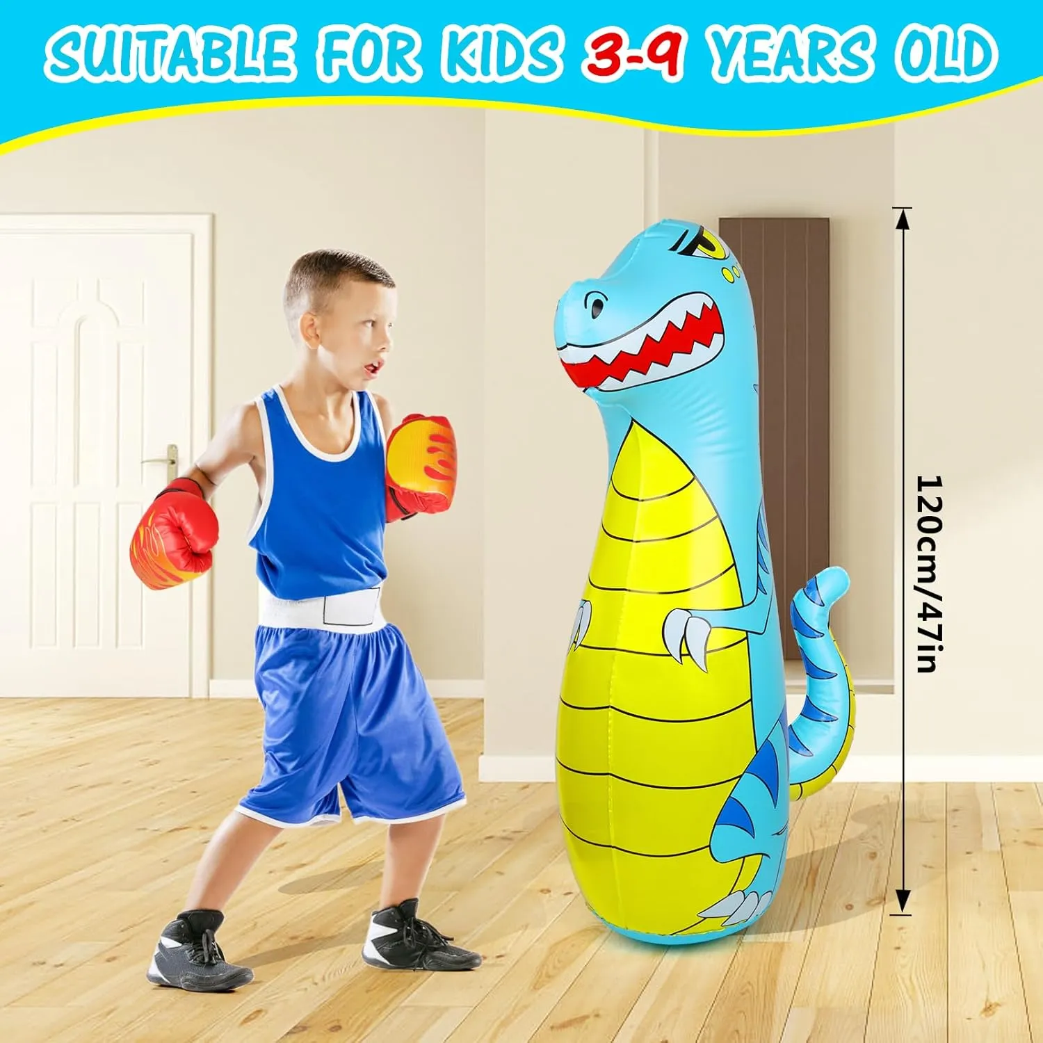 Punching Bag for Kids 47" Inflatable Dinosaur Bop Bag with Thicker Material Instant Bounce Back with Boxing Gloves Karate Kickboxing Taekwondo Kids Gift for Age 3-9 Girls & Boys