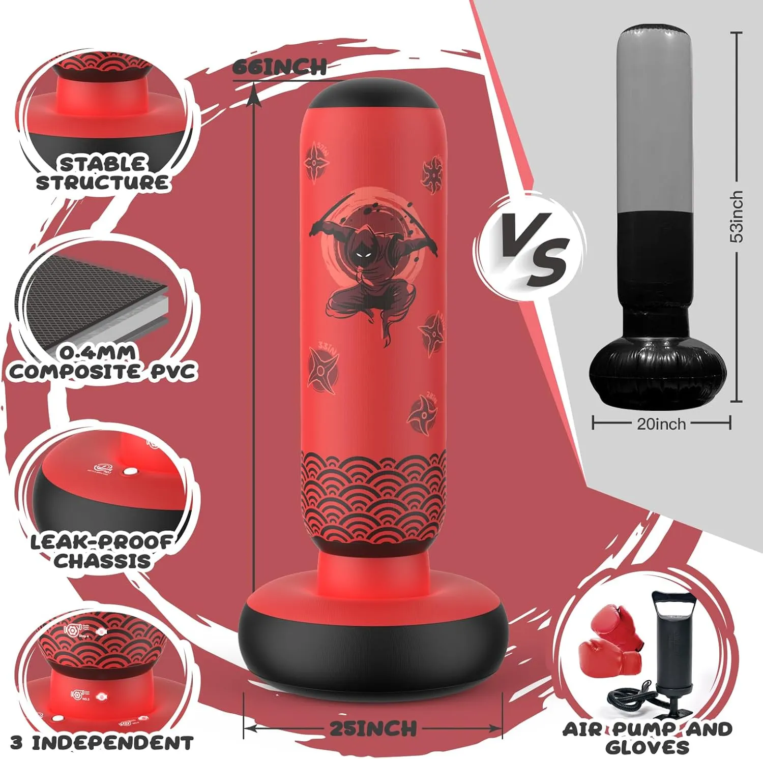 Punching Bag for Kids, Tall Larger 66’’ Inflatable Punching Bag Boxing Bag for Kids Teens, Punching Bag Set Toy with Gloves and Pump for Practicing Karate, Taekwondo