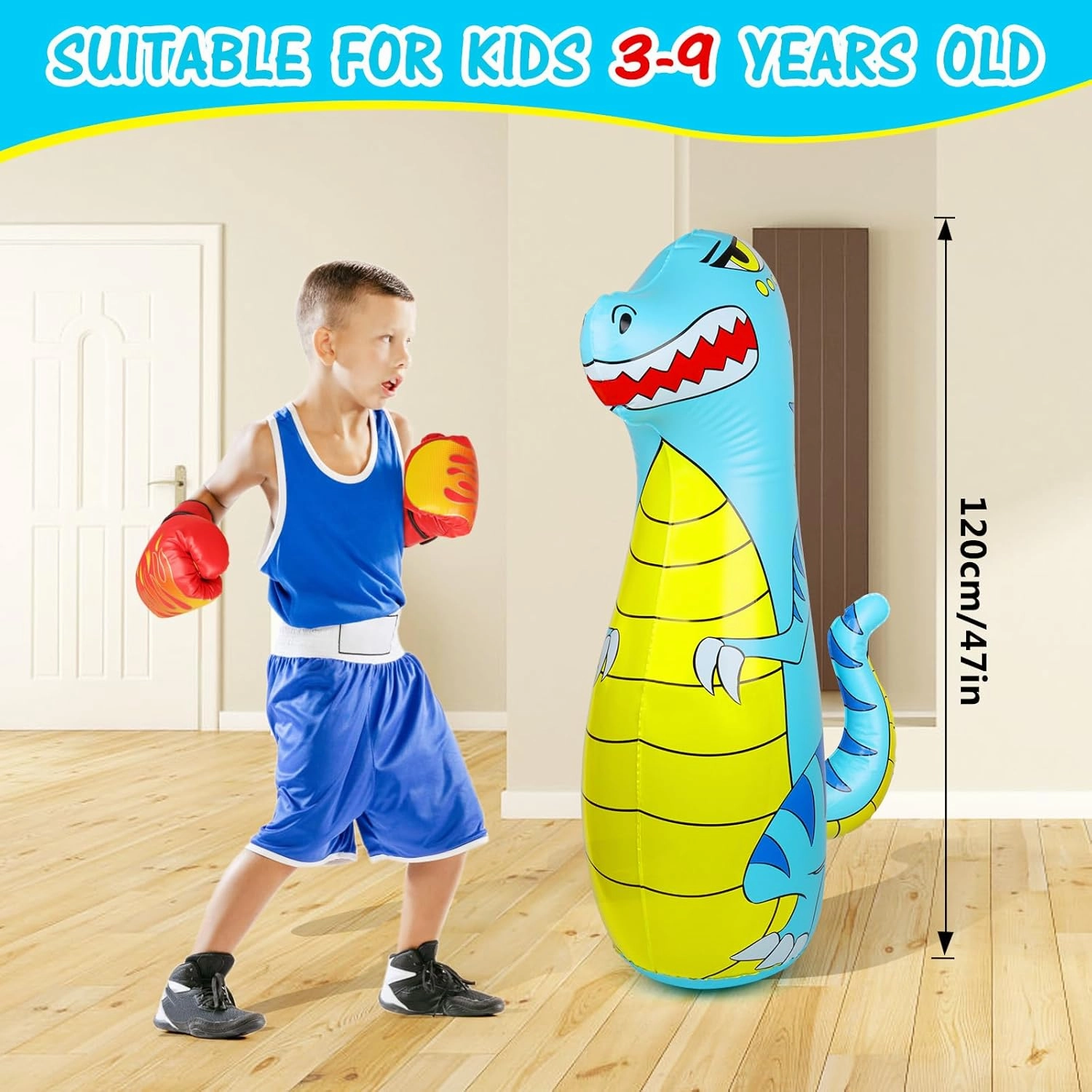 Punching Bag for Kids 47" Inflatable Dinosaur Bop Bag with Thicker Material Instant Bounce Back with Boxing Gloves Karate Kickboxing Taekwondo Kids Gift for Age 3-9 Girls & Boys