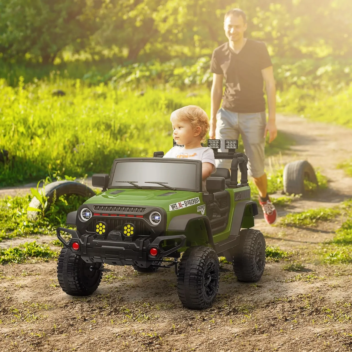 Qaba 12V Ride on Truck, Electric Car for Kids, Battery Powered Ride on Car, Parent Remote, 4 Suspension Wheels, Music Horn LED Lights, Green