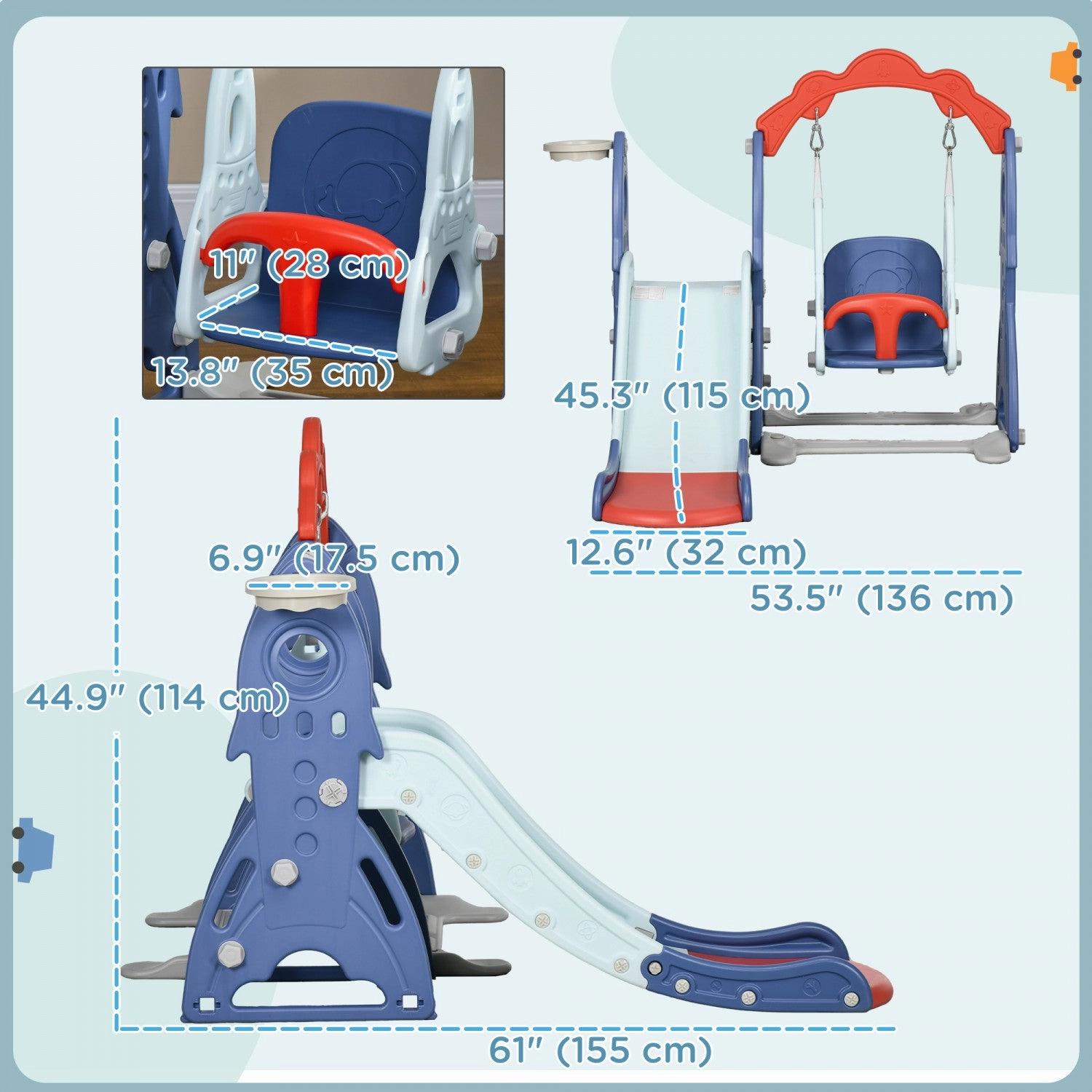 Qaba Kids Slide And Swing Set 3 In 1 Indoor Playground With Basketball Hoop, Adjustable Swing, Climb|Qaba Ensemble Toboggan Et Balancoire Pour Enfants 3 En 1, Aire De Jeux Interieure Avec Panier De Bas