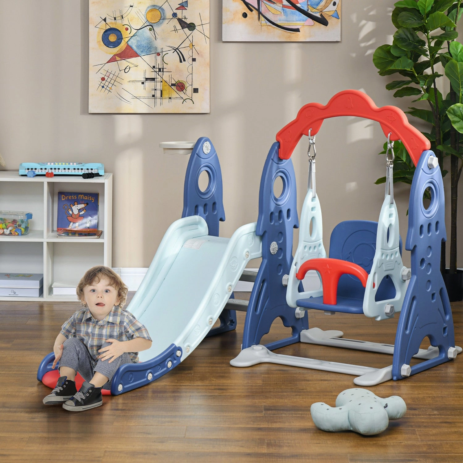 Qaba Kids Slide And Swing Set 3 In 1 Indoor Playground With Basketball Hoop, Adjustable Swing, Climb|Qaba Ensemble Toboggan Et Balancoire Pour Enfants 3 En 1, Aire De Jeux Interieure Avec Panier De Bas