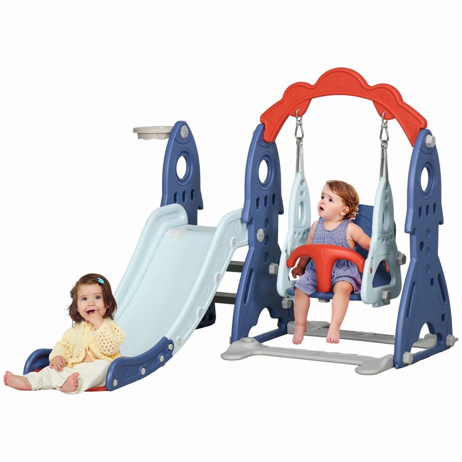 Qaba Kids Slide And Swing Set 3 In 1 Indoor Playground With Basketball Hoop, Adjustable Swing, Climb|Qaba Ensemble Toboggan Et Balancoire Pour Enfants 3 En 1, Aire De Jeux Interieure Avec Panier De Bas