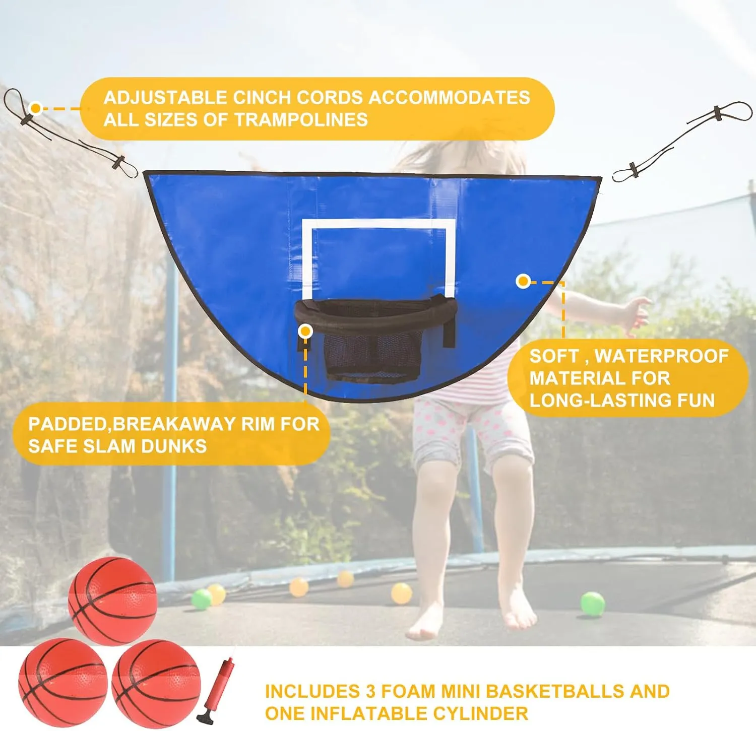 Qivine Trampoline Basketball Hoop, Waterproof Basketball for Trampoline with 3 Mini Basketball Trampoline Basketball Hoop Attachment 96 * 50Cm of Trampolines with Enclosures and Pole Caps
