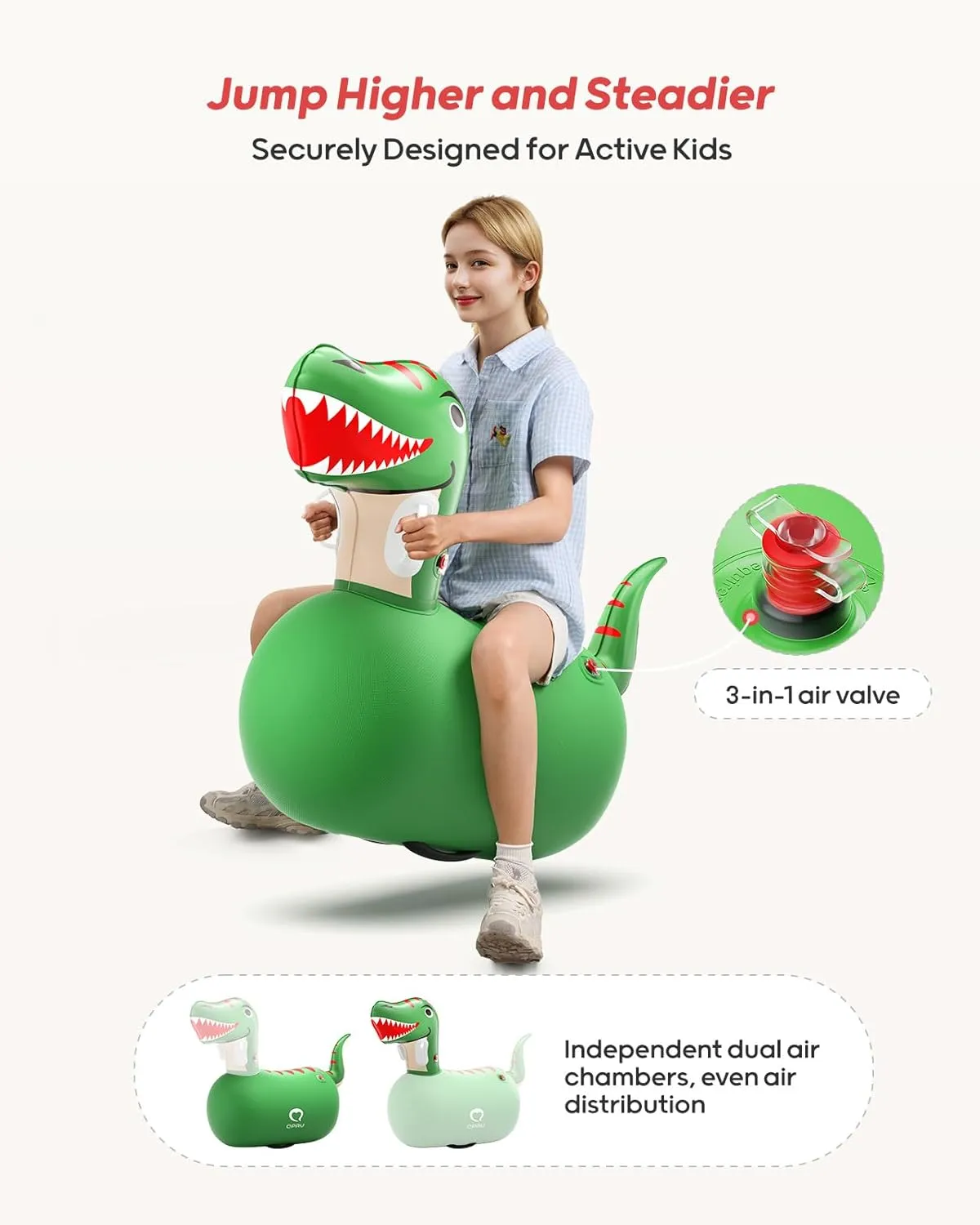 QPAU Kids Dinosaur Hopper - 220lbs Load Capacity, Bouncing Animal Toy, Outside Toys, Dinosaur Gifts for Kids Ages 5 