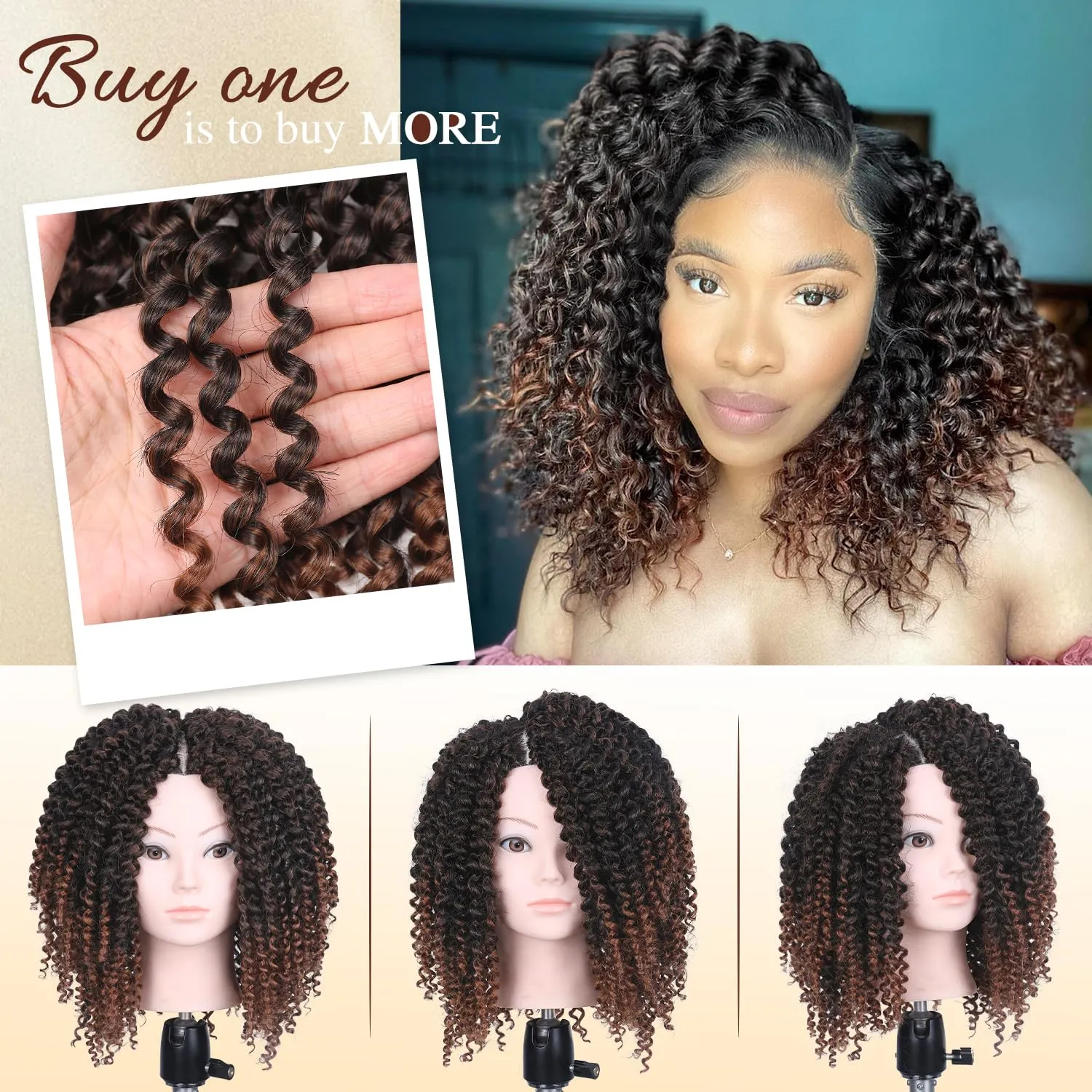 Quantum Love Kinky Curly Crochet Hair Short Marlybob Jerry Curl Ombre Brown Hair Extension for Black Women Short Passion Twist Synthetic Hair Extension (3 Pack 10 Inches)