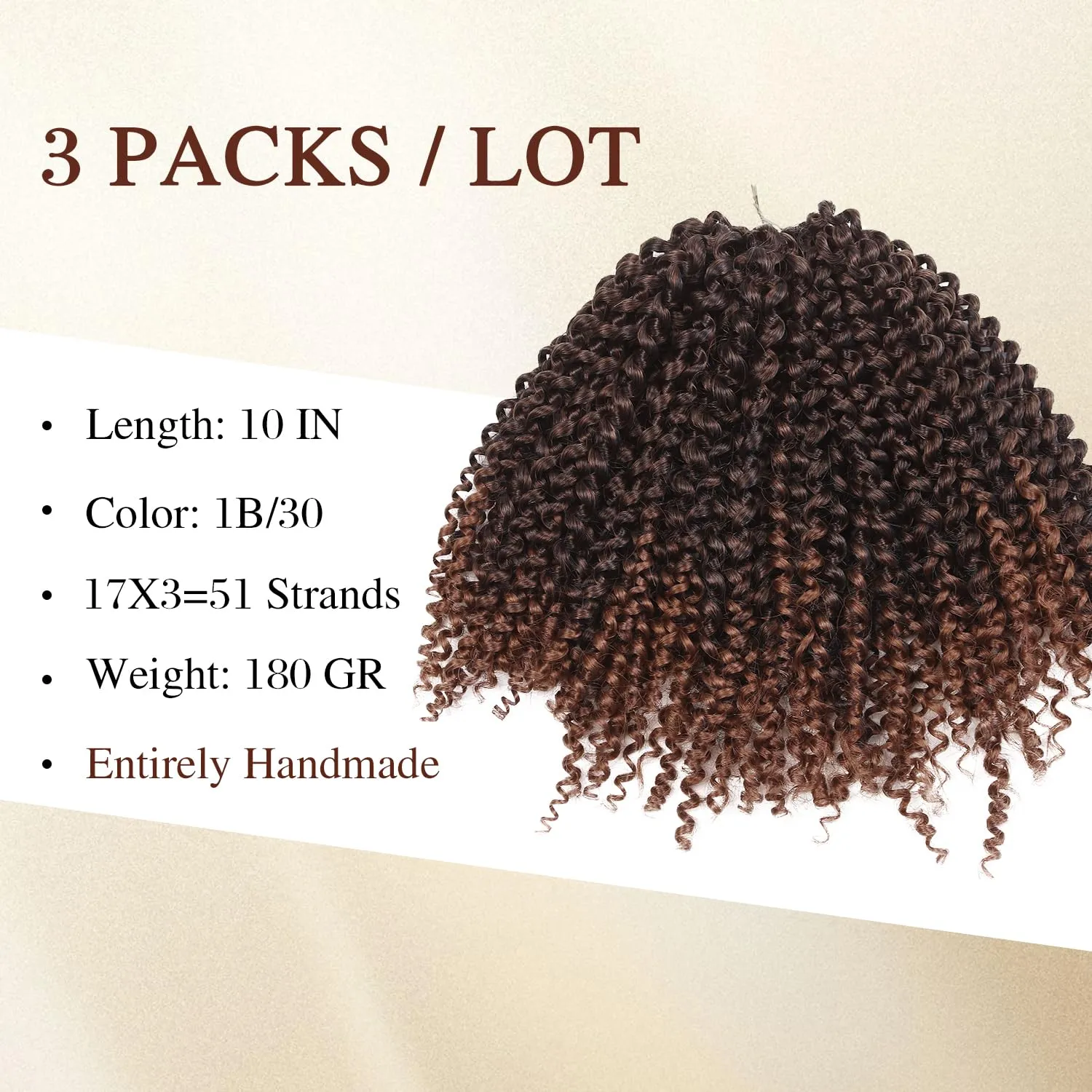 Quantum Love Kinky Curly Crochet Hair Short Marlybob Jerry Curl Ombre Brown Hair Extension for Black Women Short Passion Twist Synthetic Hair Extension (3 Pack 10 Inches)