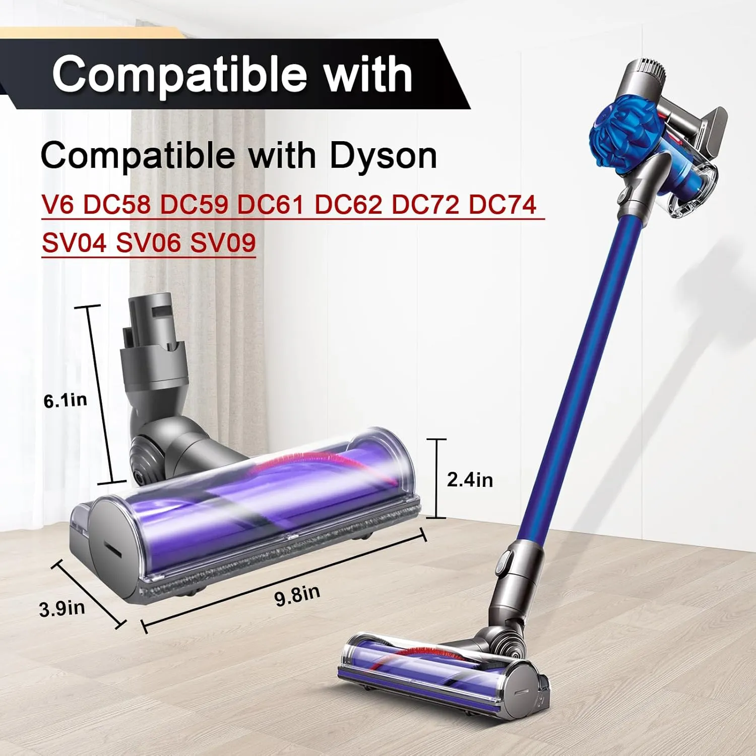Quick-Release Motorhead Cleaner for Dyson V6 DC58 DC59 DC62 DC72 DC74 Vacuums Animal Absolute Models Cleaner Head Replacement Part Electric Head for Hardwood Floor Carpets SV04 SV06 SV09