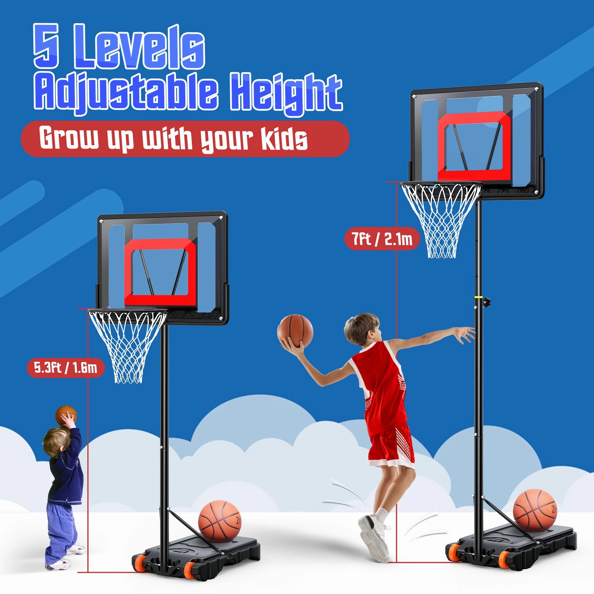 Qunler  Portable Basketball Hoop Outdoor, 5ft-7ft Height Adjustable Basketball Goal System with Wheels for Kids Teenagers Youth Indoor Outdoor