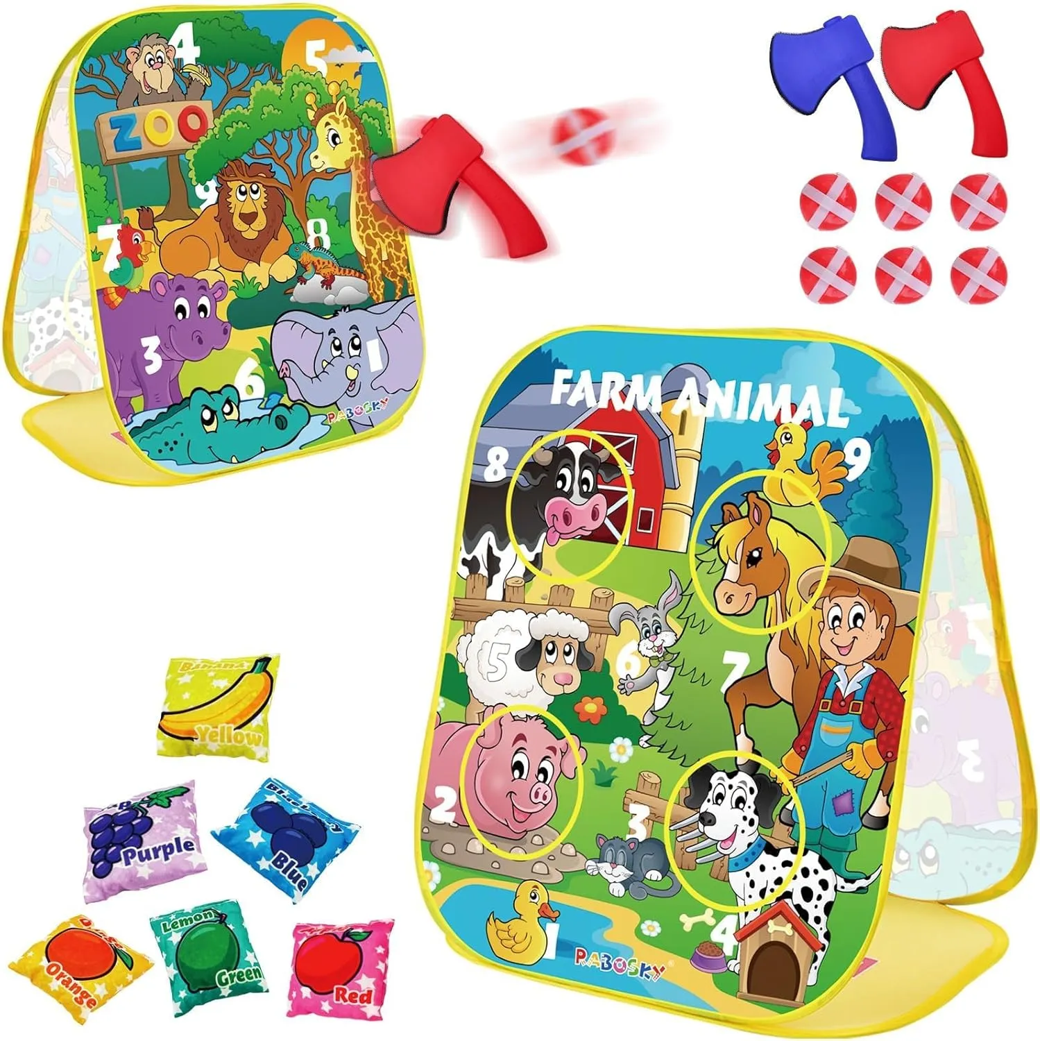 RaboSky 3-in-1 Farm Animals Bean Bags Toss Axes Throwing Sticky Balls Game for Kids 2 3 4 5 Toddlers Indoor Outdoor Sports Toys Gifts for Boys Birthday Valentines Easter Christmas Stocking Stuffer