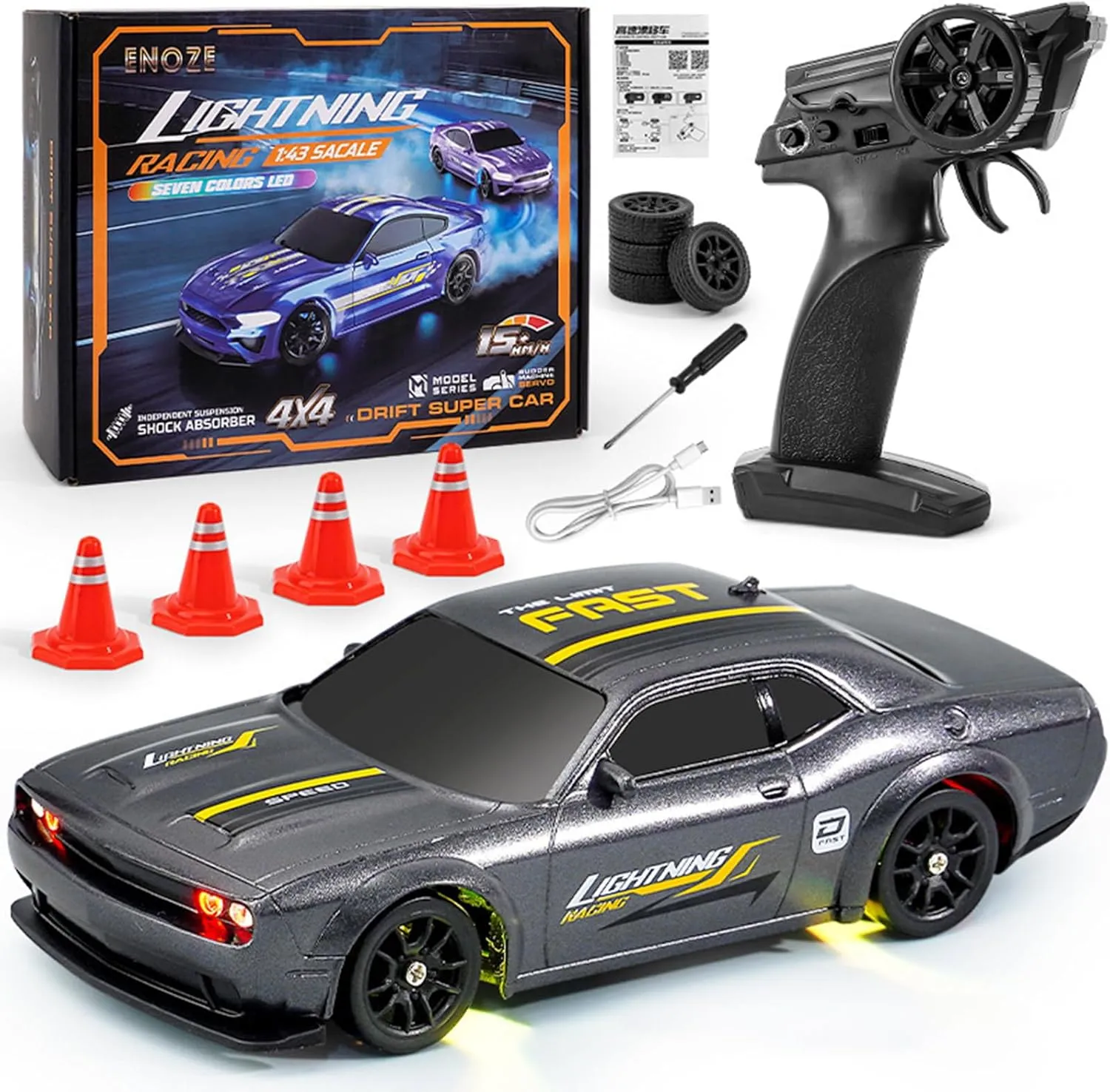 RC Drift Car, 1/43 Mini RC Drift Car with LED Lights,2.4GHz Full Proportional Remote Control Cars, 4WD High Speed Racing with Racing Tires, Can be Controlled with a Mobile Phone (8501-Silver Gray)