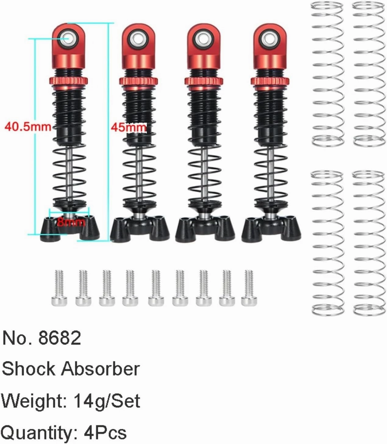 RC Car Repair Kit for Kyosho for Jimny 1/18 for Mini-Z 4×4 for Wrangler for 4Runner for Hilux 1/24 4Pcs RC Car 37/45mm Metal Adjustable Shock Absorber Damper(4Pcs 45mm)