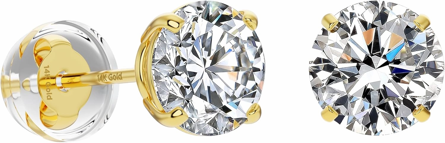 Real Solid 14k Gold Solitaire Round Cubic Zirconia CZ Stud Earrings