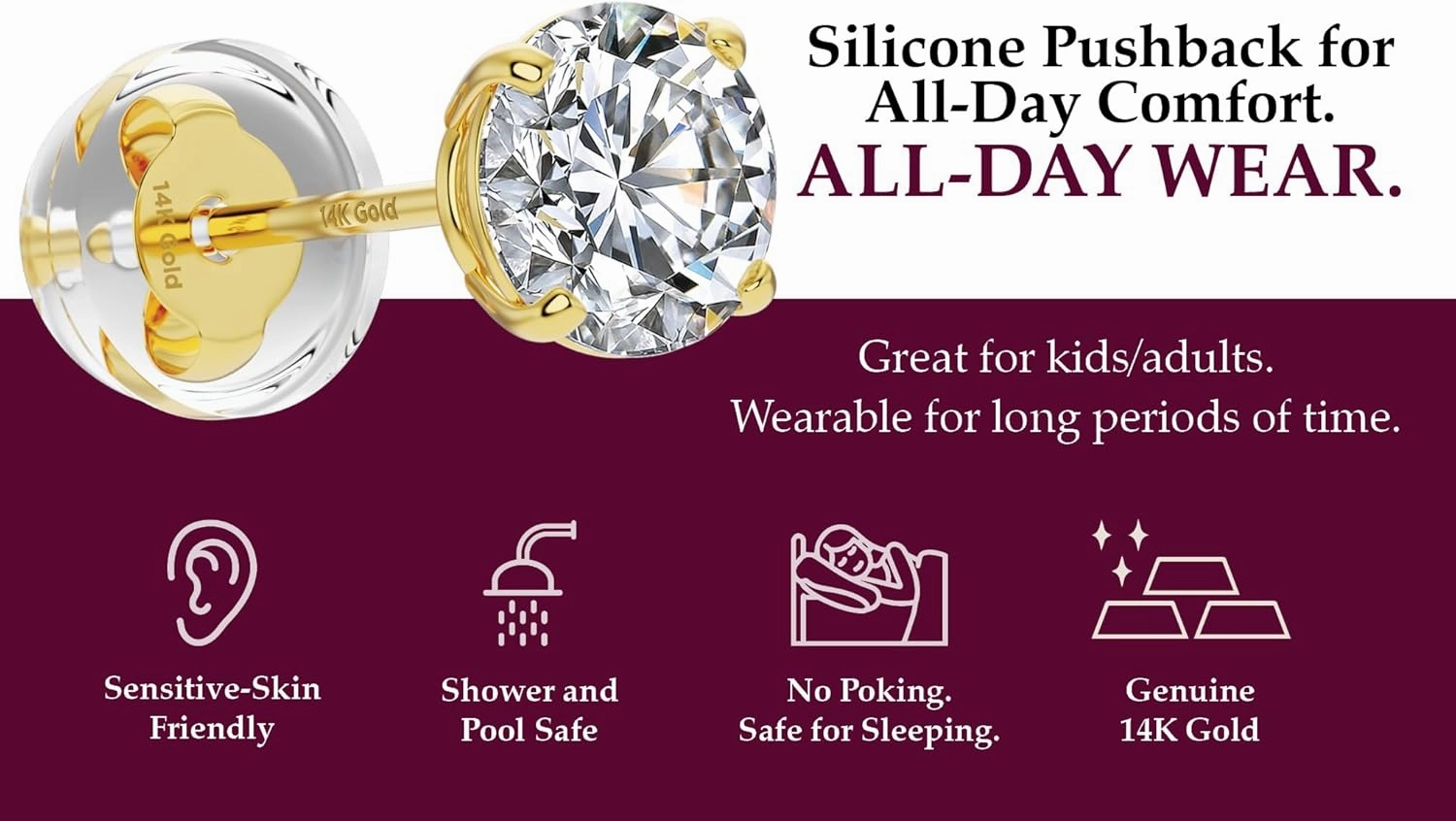 Real Solid 14k Gold Solitaire Round Cubic Zirconia CZ Stud Earrings