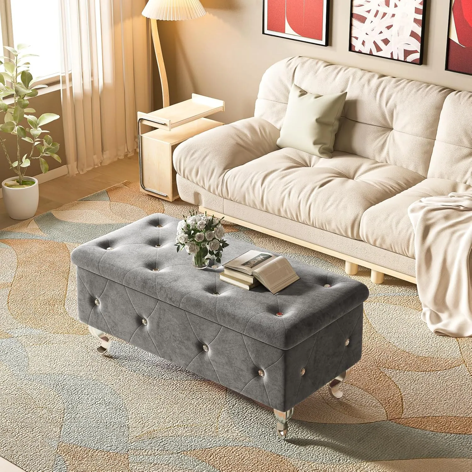 Recaceik Ottoman with Storage - Velvet Upholstered End of Bed Bench for Bedroom, Living Room, Entryway, Window - Grey