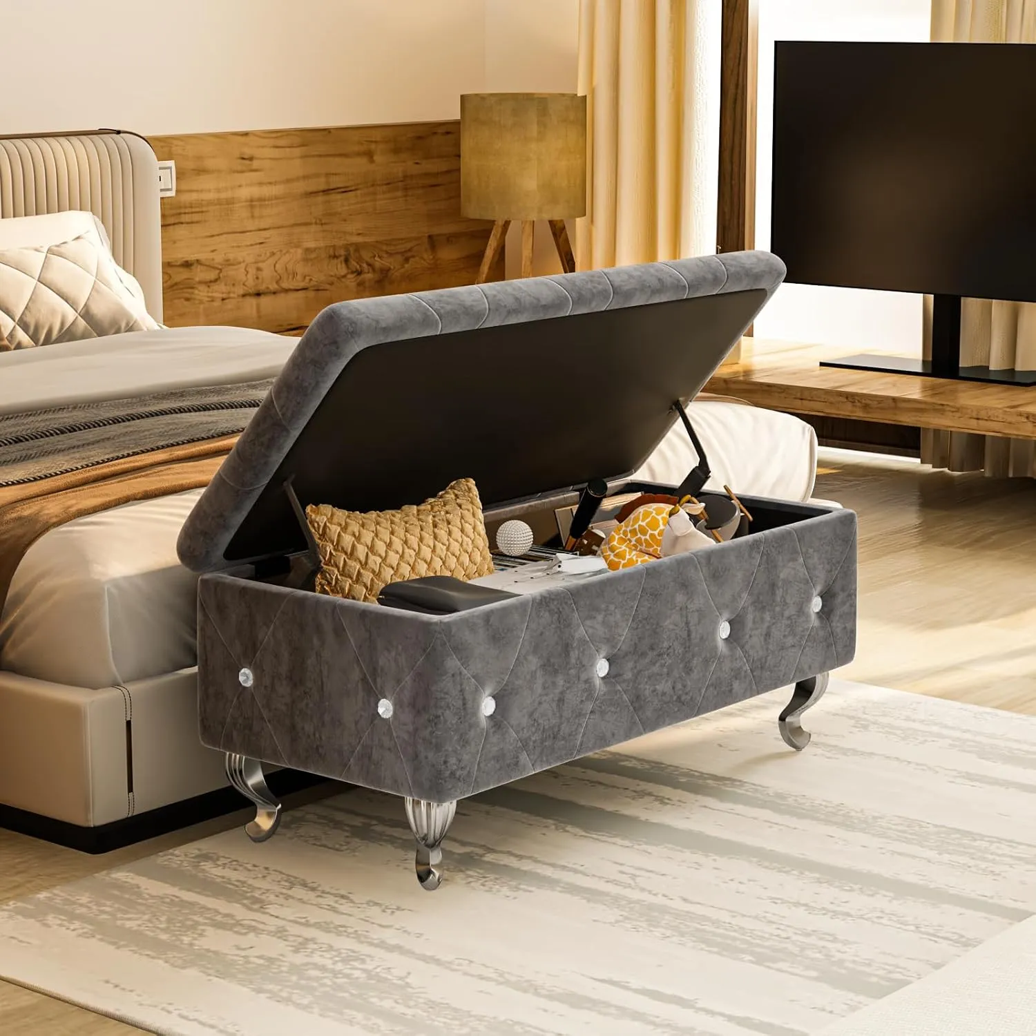 Recaceik Ottoman with Storage - Velvet Upholstered End of Bed Bench for Bedroom, Living Room, Entryway, Window - Grey