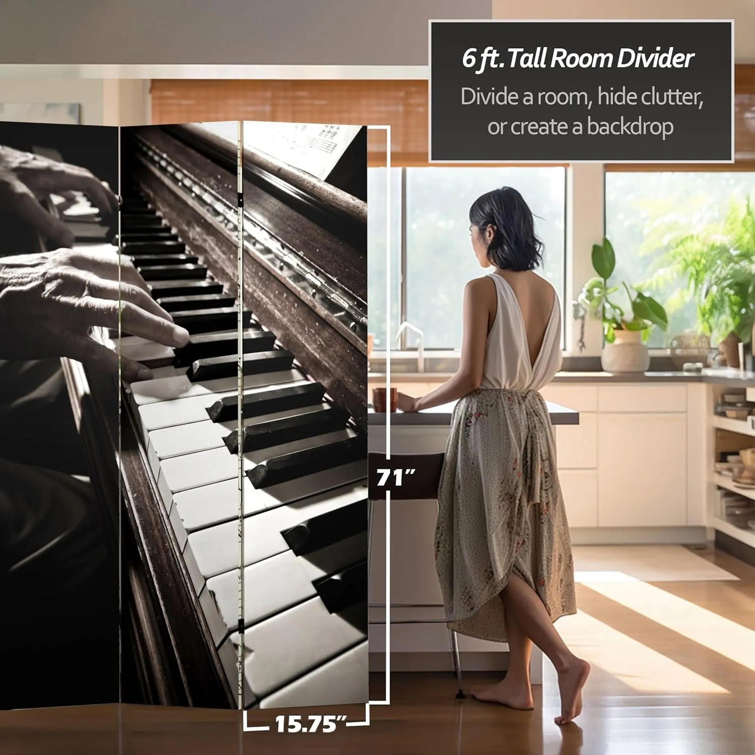 Red Lantern 6 ft. Tall Double Sided Music Canvas Room Divider, 71 inches high and 3 Panels wide, Notes/Piano