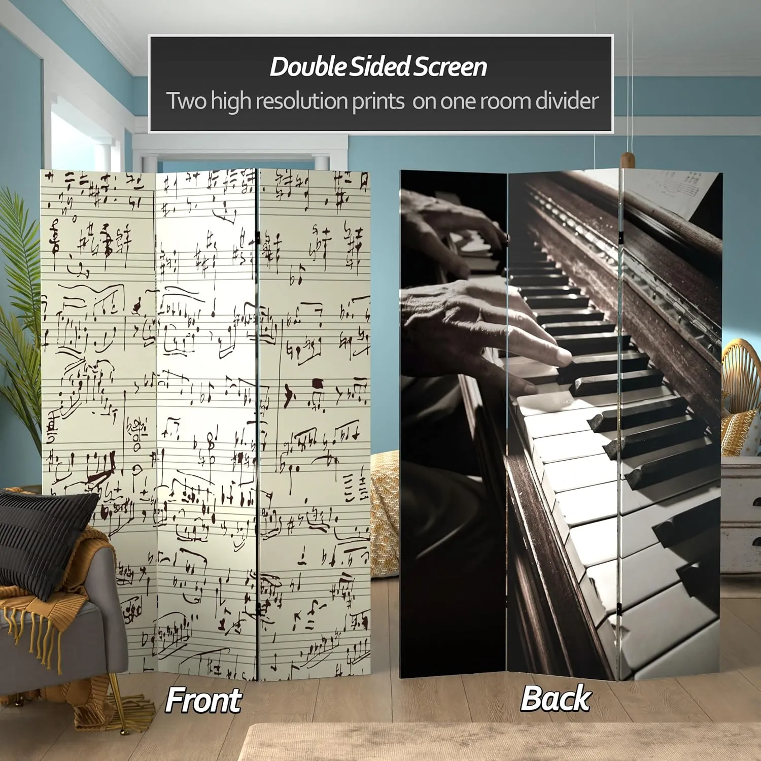 Red Lantern 6 ft. Tall Double Sided Music Canvas Room Divider, 71 inches high and 3 Panels wide, Notes/Piano