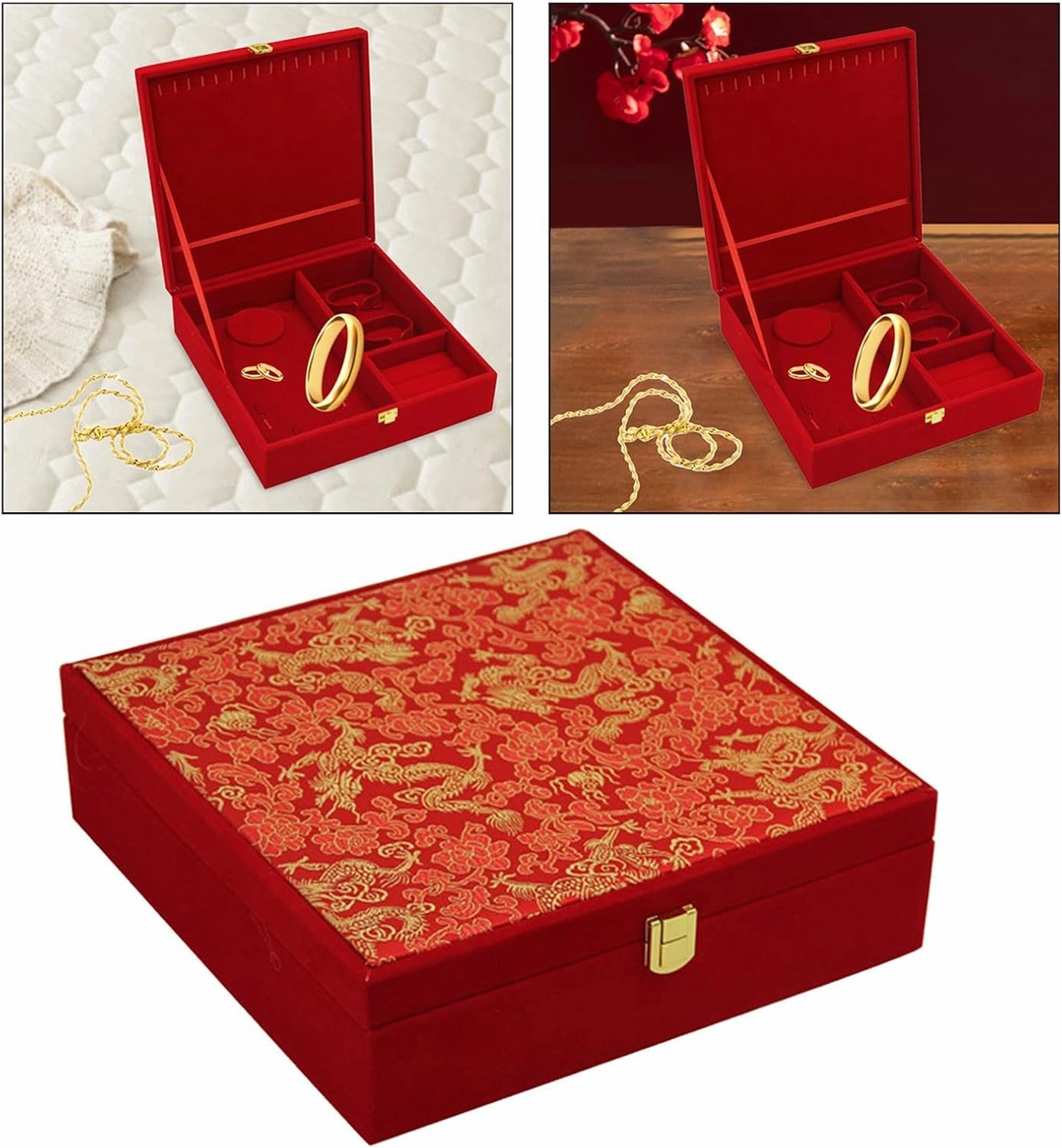 Red Velvet Jewelry Box Wedding Jewelry Set Box Exquisite Jewelry Display Box for Proposal Engagement Weddings Birthday, 25cmx25cmx7.5cm