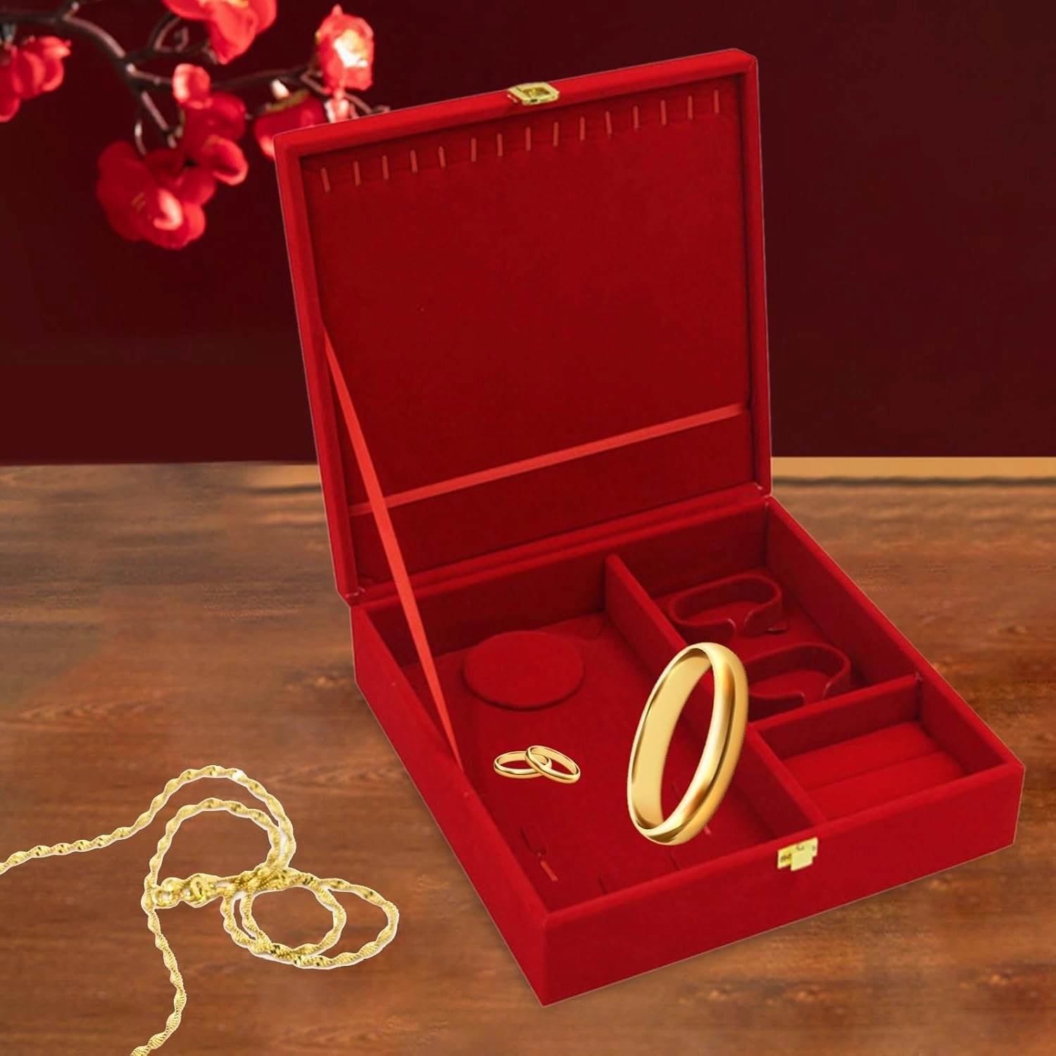 Red Velvet Jewelry Box Wedding Jewelry Set Box Exquisite Jewelry Display Box for Proposal Engagement Weddings Birthday, 25cmx25cmx7.5cm