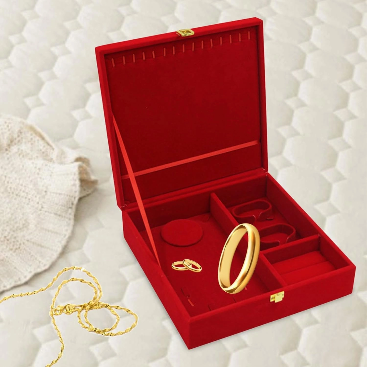 Red Velvet Jewelry Box Wedding Jewelry Set Box Exquisite Jewelry Display Box for Proposal Engagement Weddings Birthday, 25cmx25cmx7.5cm